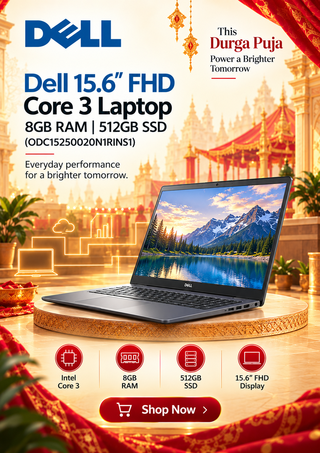 Dell 15.6″ FHD Core 3 8GB RAM 512GB SSD Laptop (ODC15250020N1RINS1)